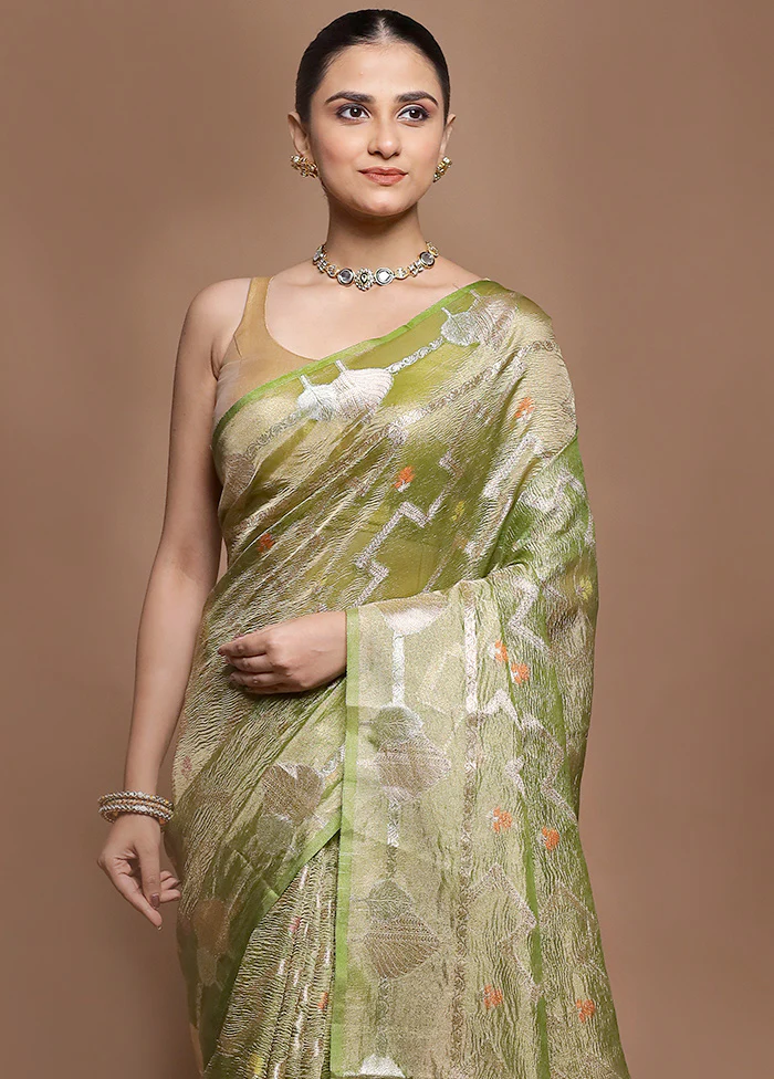 Green Tissue Silk Saree With Blouse Piece - Image 2
