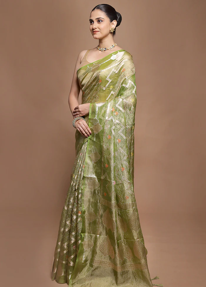 Green Tissue Silk Saree With Blouse Piece - Image 4