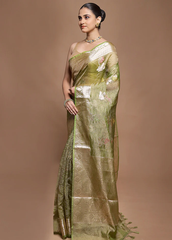 Green Tissue Silk Saree With Blouse Piece - Image 4