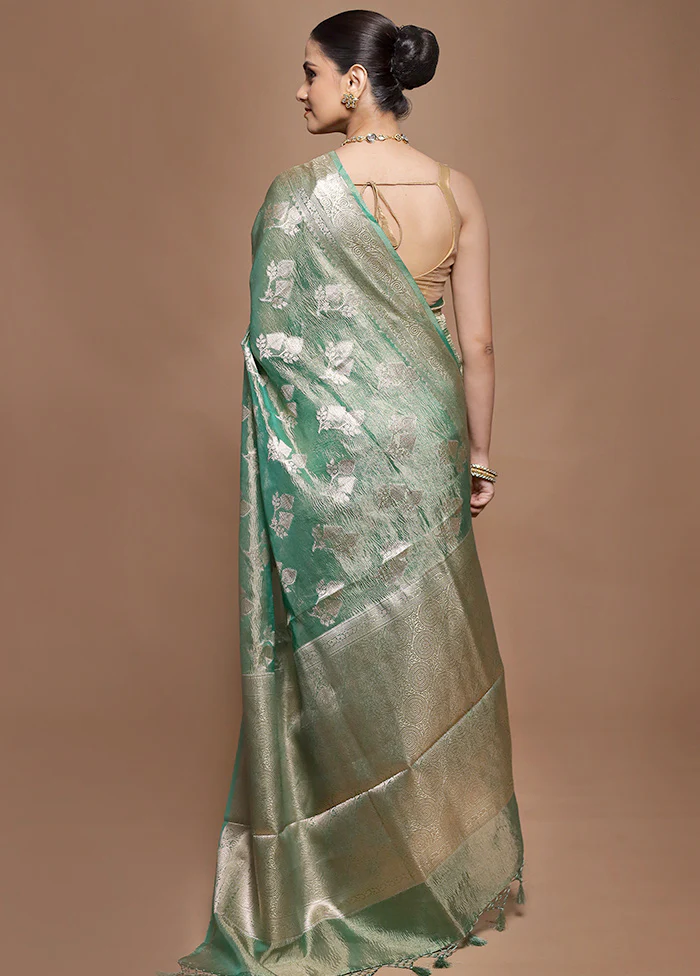 Green Tissue Silk Saree With Blouse Piece - Image 3