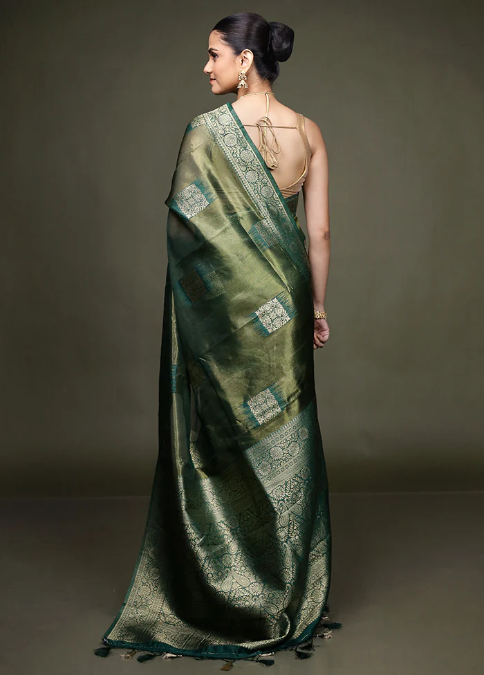 Green Tissue Silk Saree With Blouse Piece - Image 3