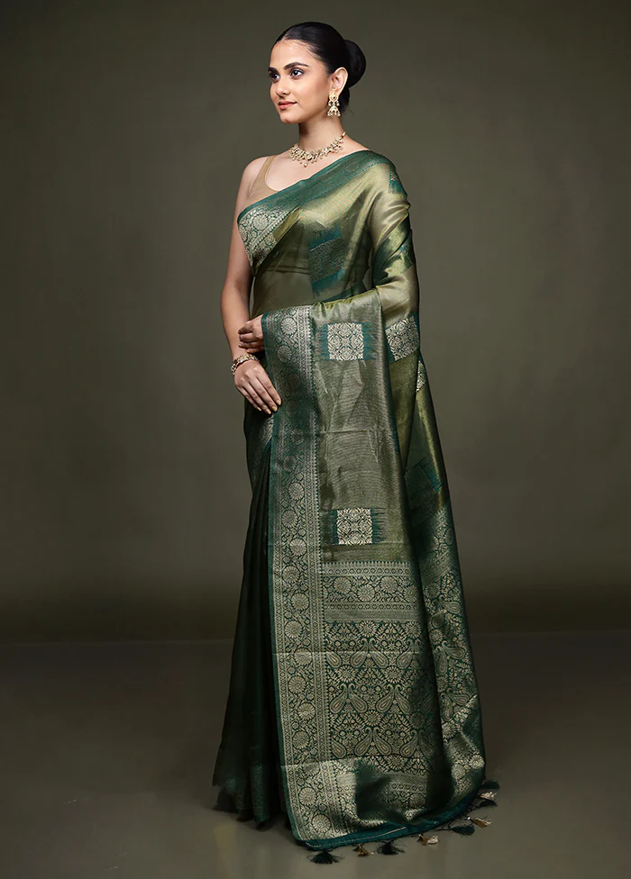 Green Tissue Silk Saree With Blouse Piece - Image 4