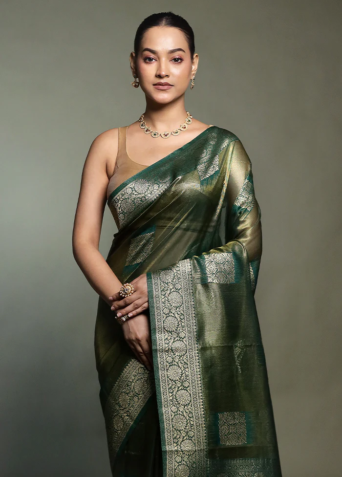 Green Tissue Silk Saree With Blouse Piece - Image 2