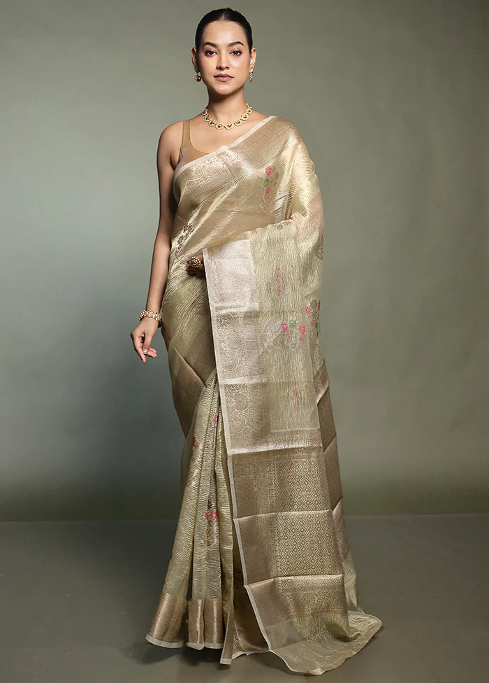 Green Crushed Tissue Silk Saree With Blouse Piece