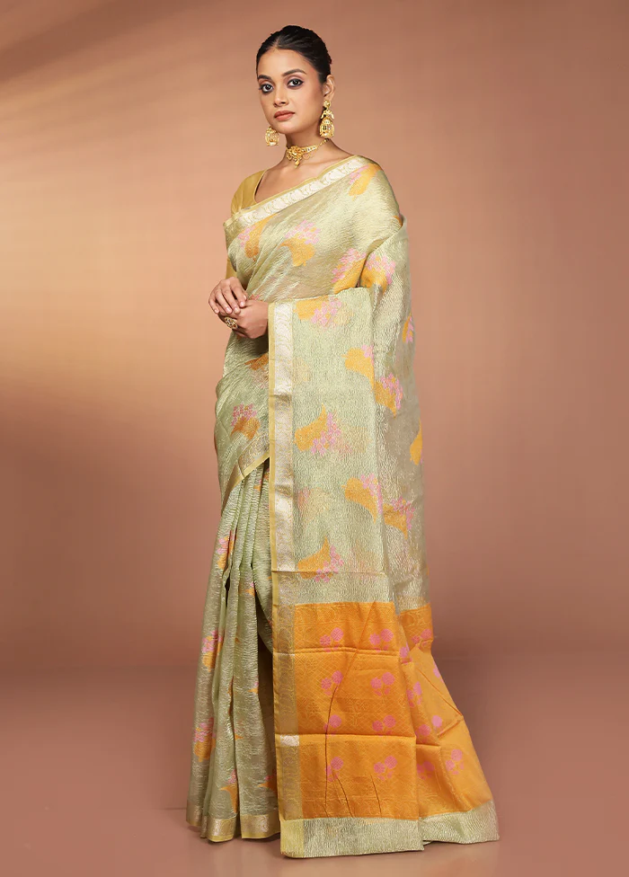Green Tissue Silk Saree With Blouse Piece - Image 4
