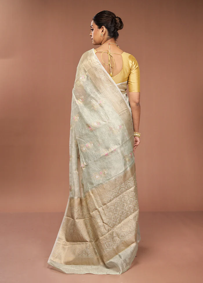 Green Tissue Silk Saree With Blouse Piece - Image 3