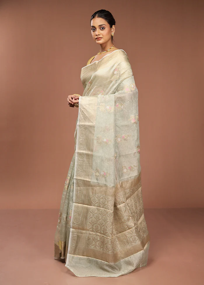 Green Tissue Silk Saree With Blouse Piece - Image 4