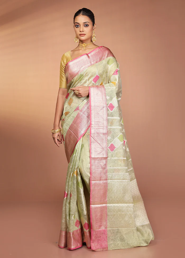 Green Tissue Silk Saree With Blouse Piece - Image 2