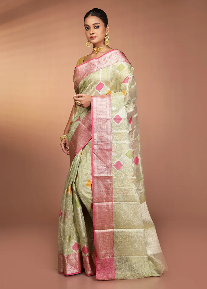 Green Tissue Silk Saree With Blouse Piece - Image 4