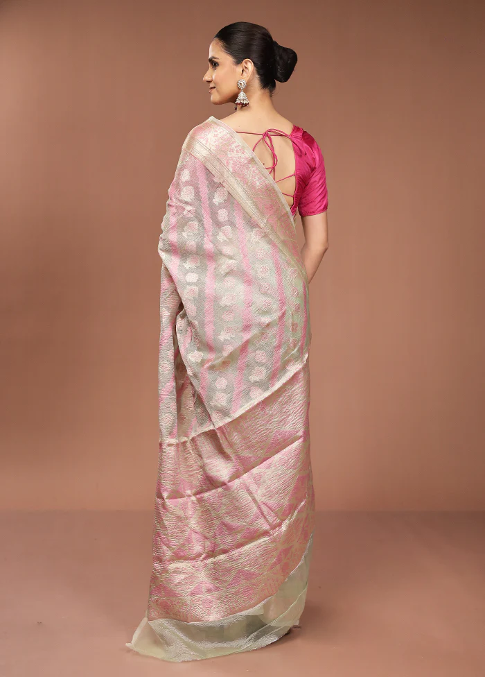 Green Tissue Silk Saree With Blouse Piece - Image 3