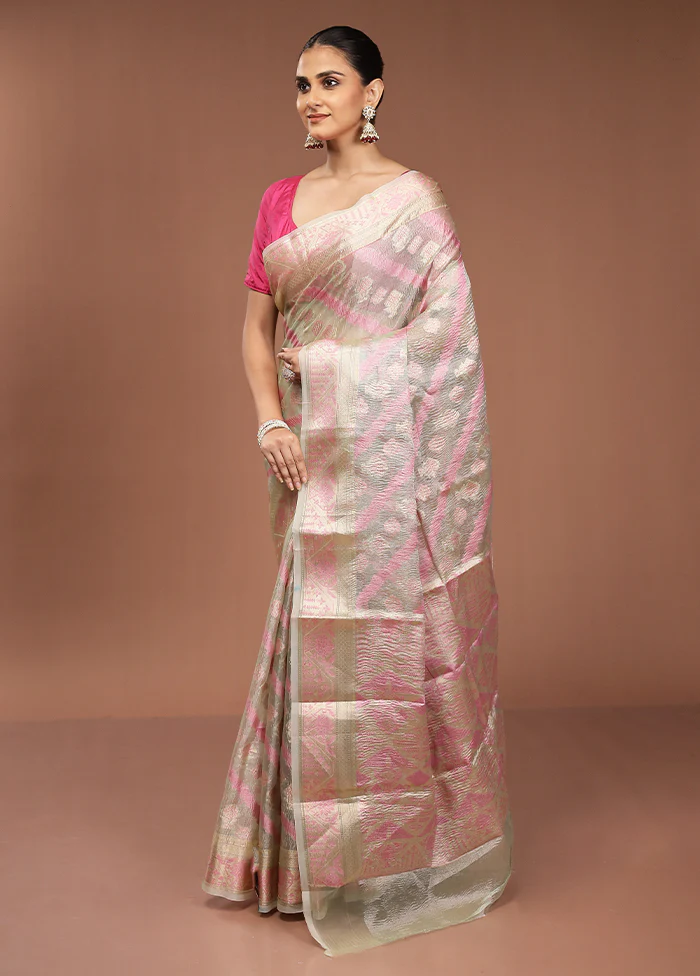 Green Tissue Silk Saree With Blouse Piece - Image 4