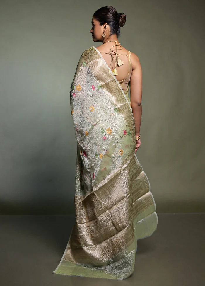 Green Crushed Tissue Silk Saree With Blouse Piece - Image 3