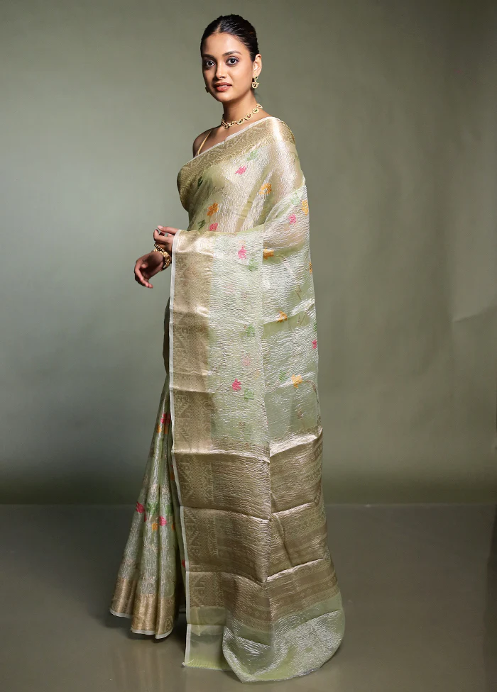 Green Crushed Tissue Silk Saree With Blouse Piece - Image 4