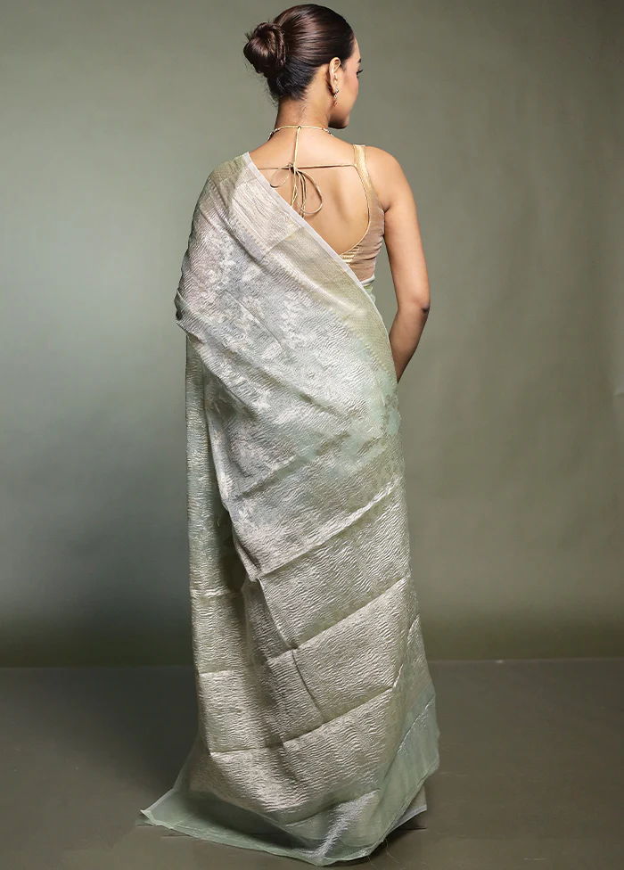 Green Crushed Tissue Silk Saree With Blouse Piece - Image 3