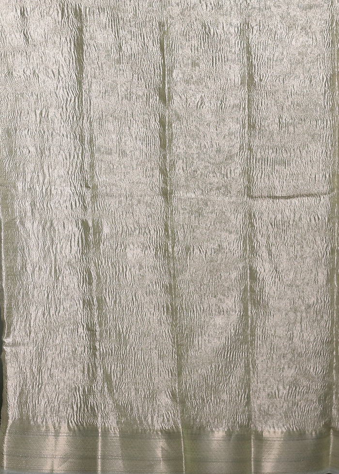 Green Crushed Tissue Silk Saree With Blouse Piece - Image 5