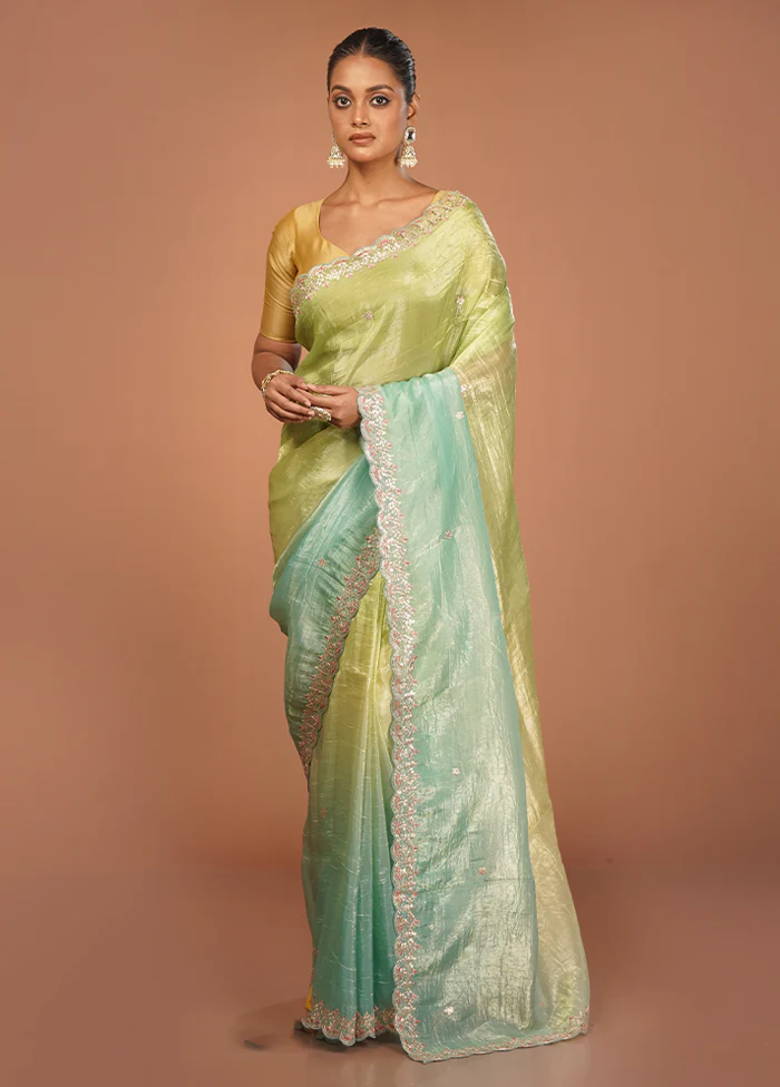 Green Tissue Silk Saree With Blouse Piece - Image 2