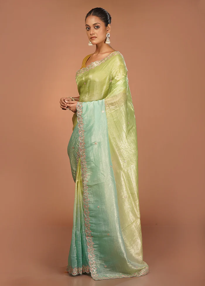 Green Tissue Silk Saree With Blouse Piece - Image 4