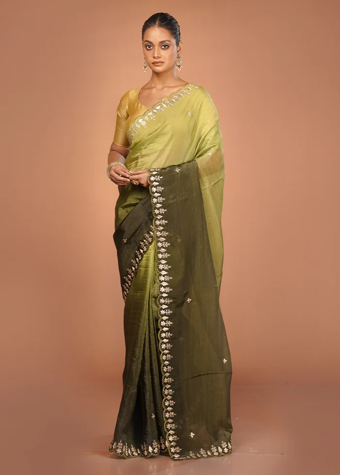 Green Tissue Silk Saree With Blouse Piece - Image 2