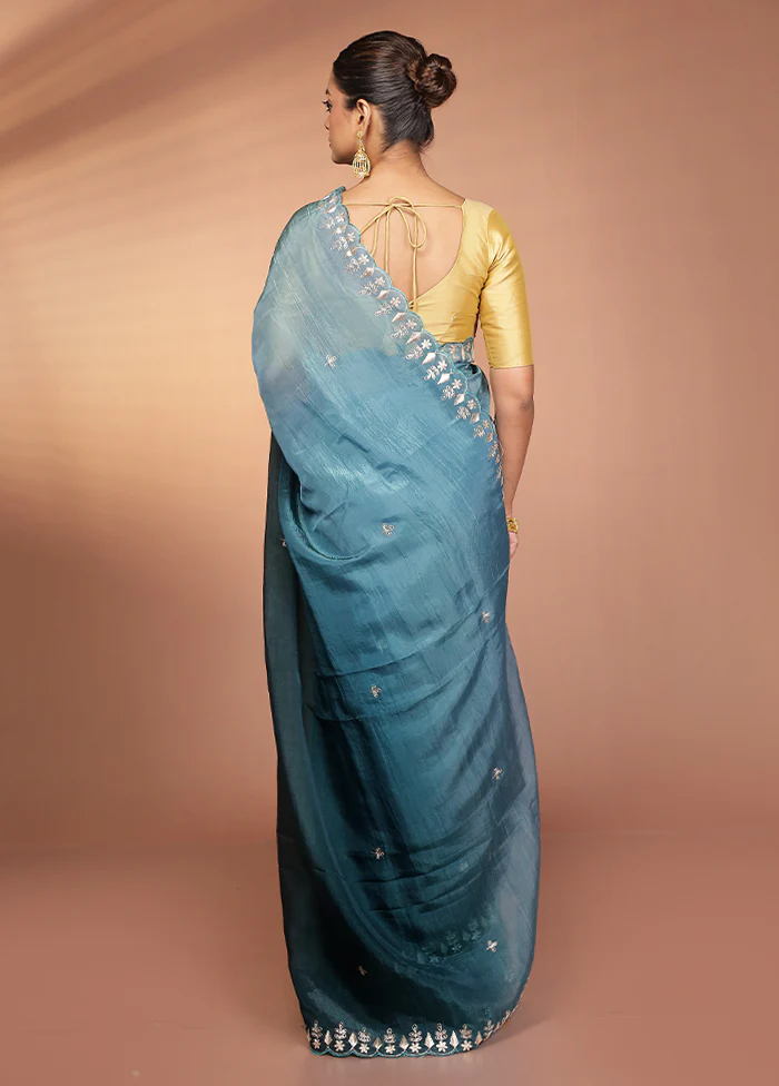 Green Tissue Silk Saree With Blouse Piece - Image 3
