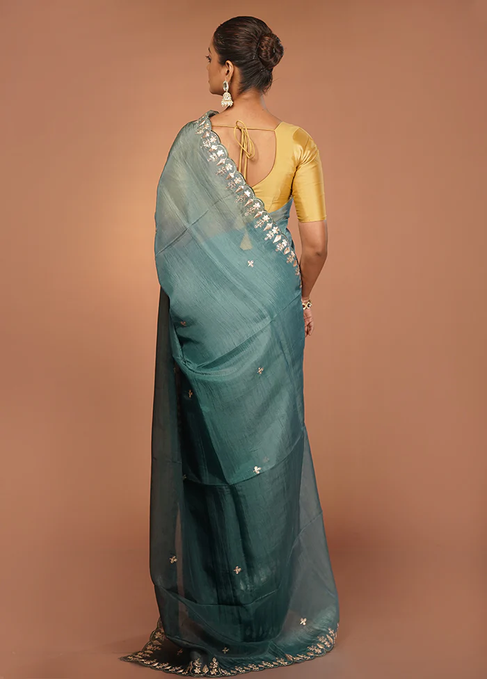 Green Tissue Silk Saree With Blouse Piece - Image 3