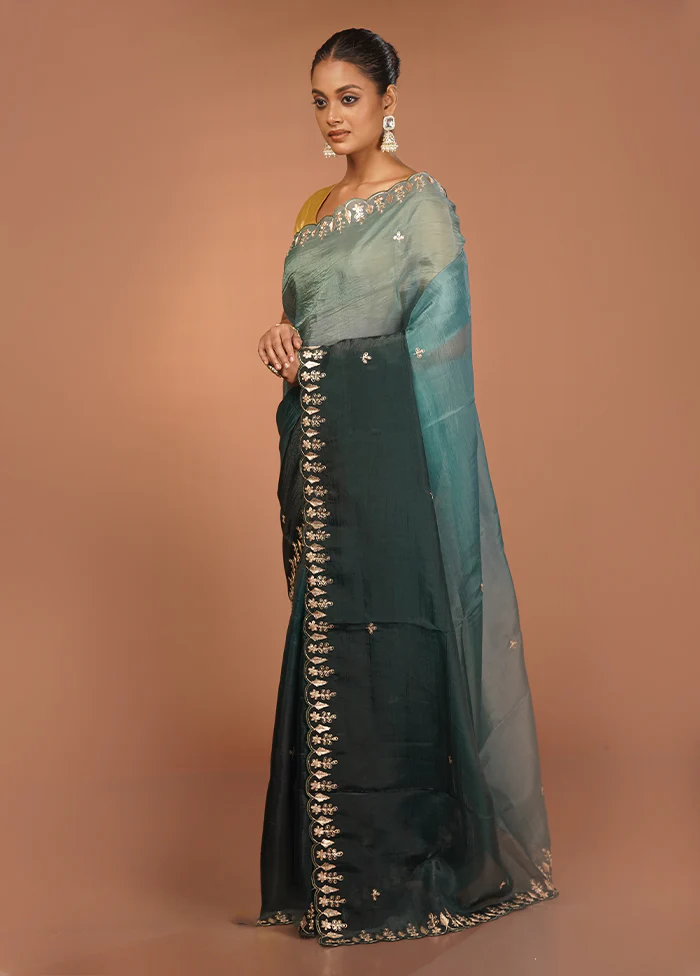 Green Tissue Silk Saree With Blouse Piece - Image 4