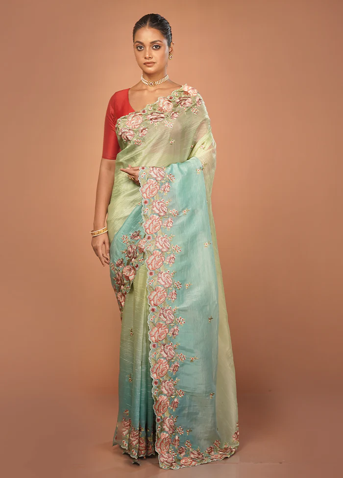 Green Tissue Silk Saree With Blouse Piece - Image 2