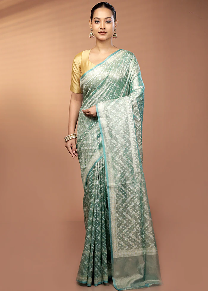 Green Tissue Silk Saree With Blouse Piece - Image 2