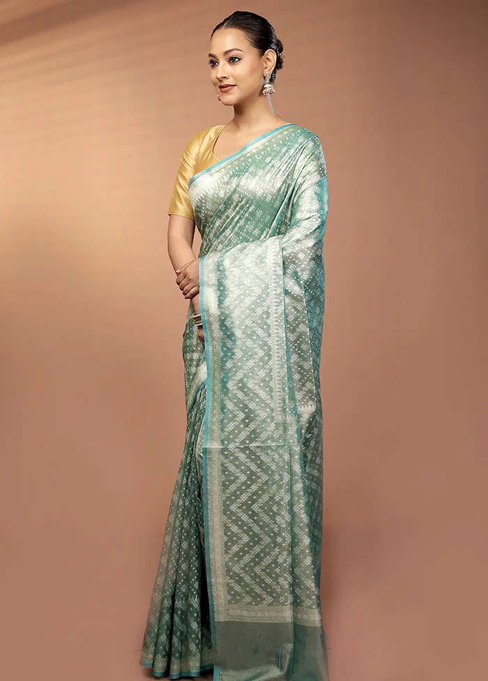 Green Tissue Silk Saree With Blouse Piece - Image 4
