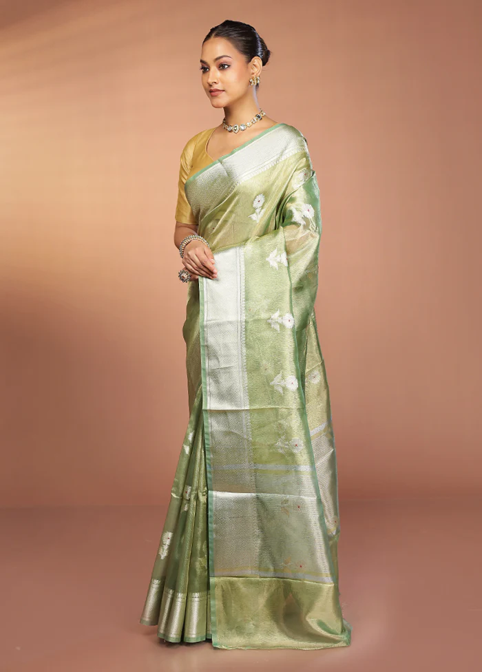 Green Tissue Silk Saree With Blouse Piece - Image 4