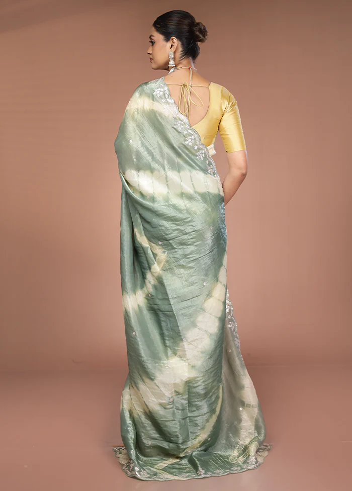 Green Tissue Silk Saree With Blouse Piece - Image 3