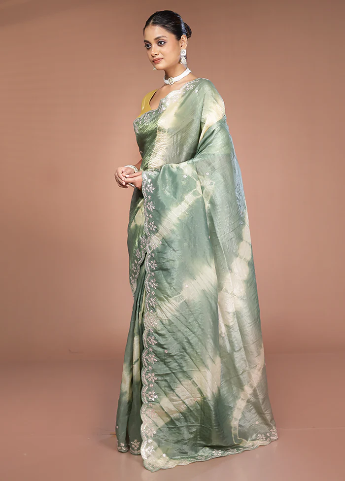 Green Tissue Silk Saree With Blouse Piece - Image 4