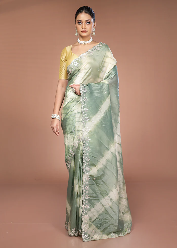 Green Tissue Silk Saree With Blouse Piece - Image 2