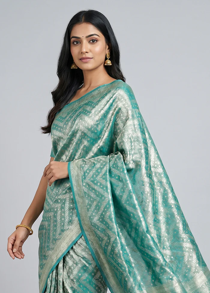Green Tissue Silk Saree With Blouse Piece - Image 2