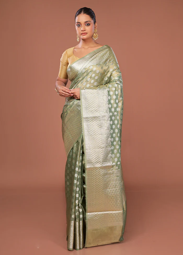 Green Tissue Silk Saree With Blouse Piece - Image 2