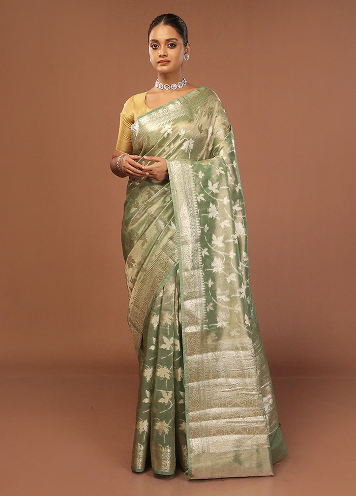 Green Tissue Silk Saree With Blouse Piece - Image 2