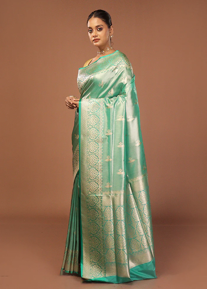 Green Tissue Silk Saree With Blouse Piece - Image 4