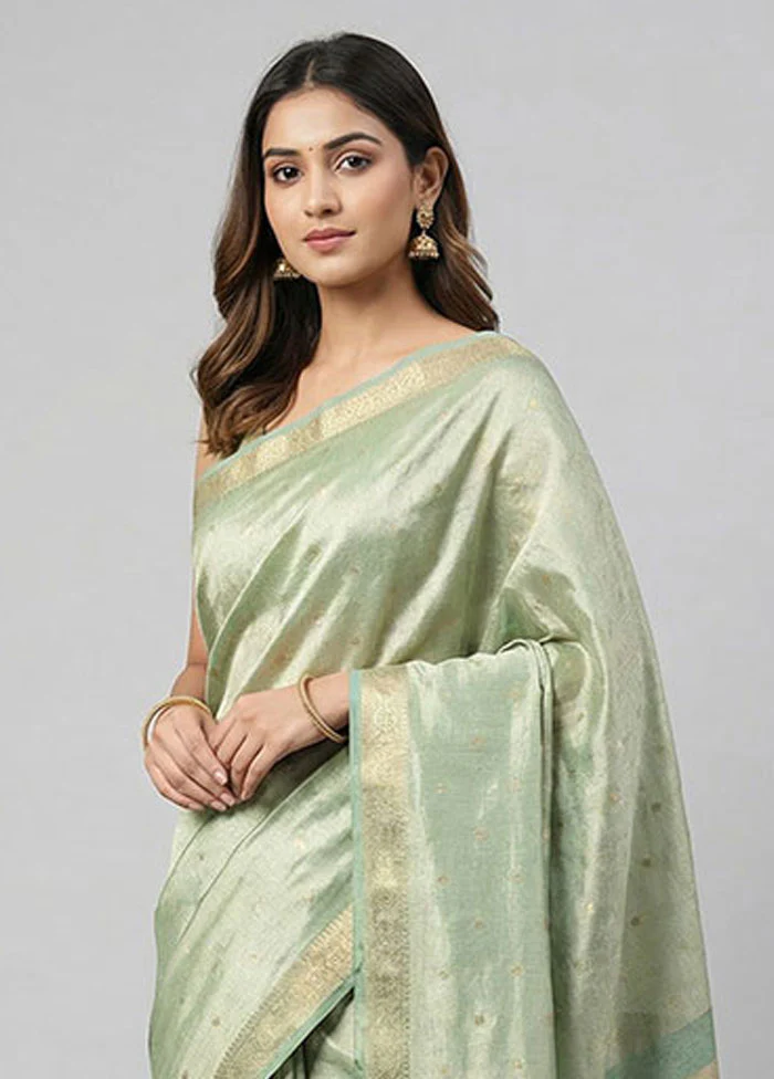 Green Tissue Silk Saree With Blouse Piece - Image 2
