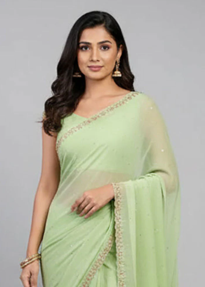 Green Tissue Silk Saree With Blouse Piece - Image 2