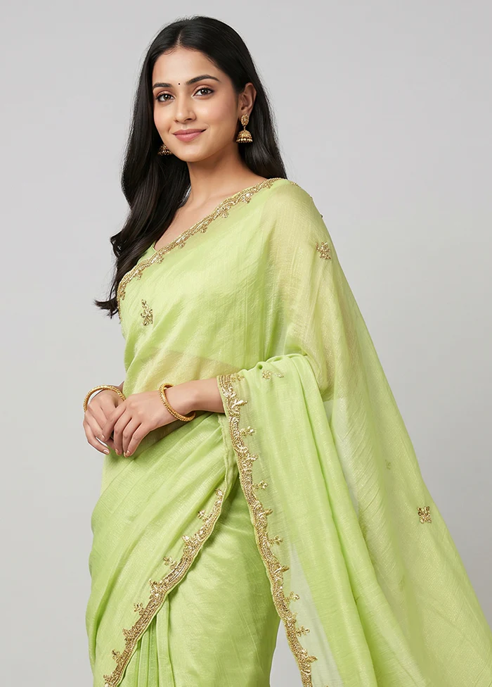 Green Tissue Silk Saree With Blouse Piece - Image 2