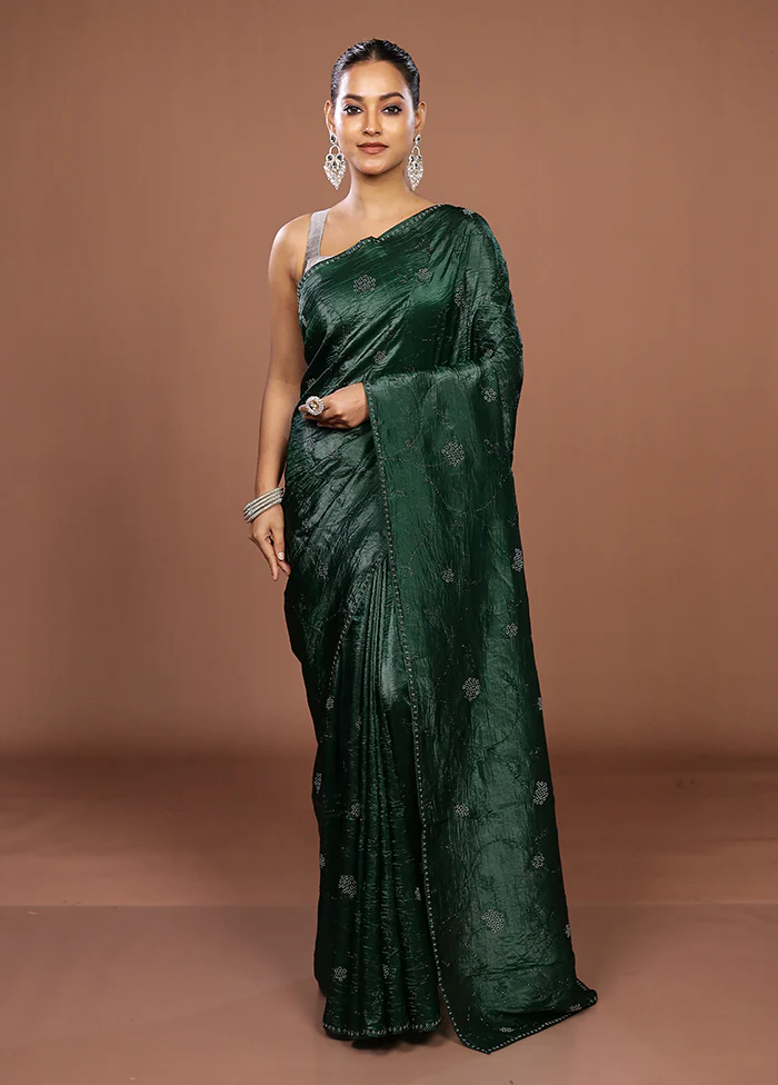 Green Tissue Silk Saree With Blouse Piece - Image 2