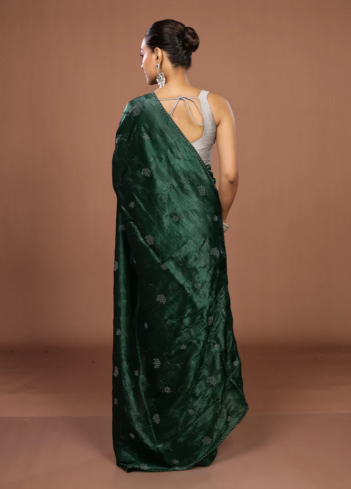 Green Tissue Silk Saree With Blouse Piece - Image 3