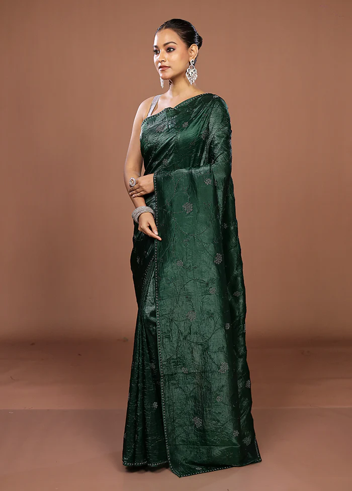 Green Tissue Silk Saree With Blouse Piece - Image 4