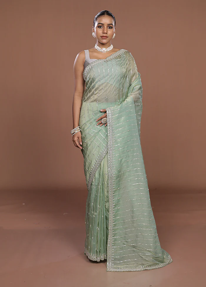 Green Tissue Silk Saree With Blouse Piece - Image 2
