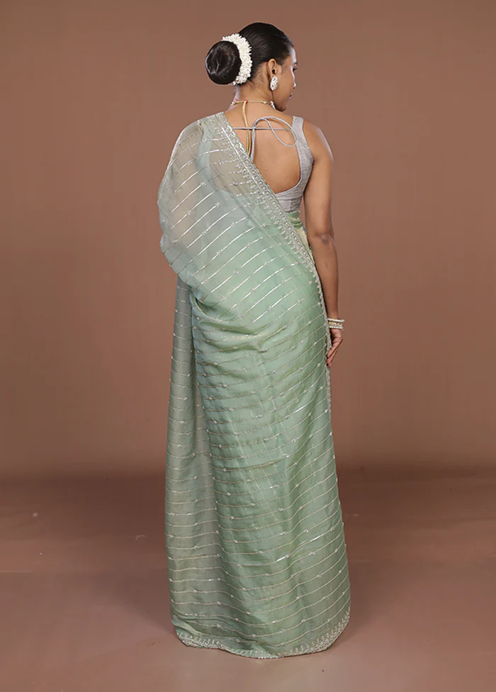 Green Tissue Silk Saree With Blouse Piece - Image 3