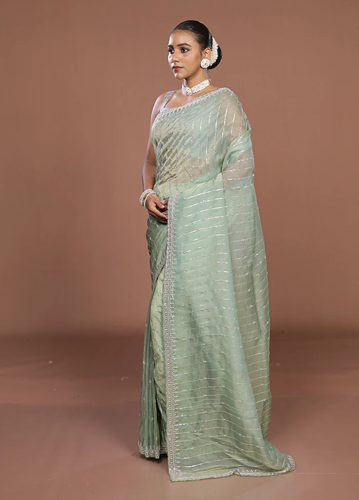 Green Tissue Silk Saree With Blouse Piece - Image 4