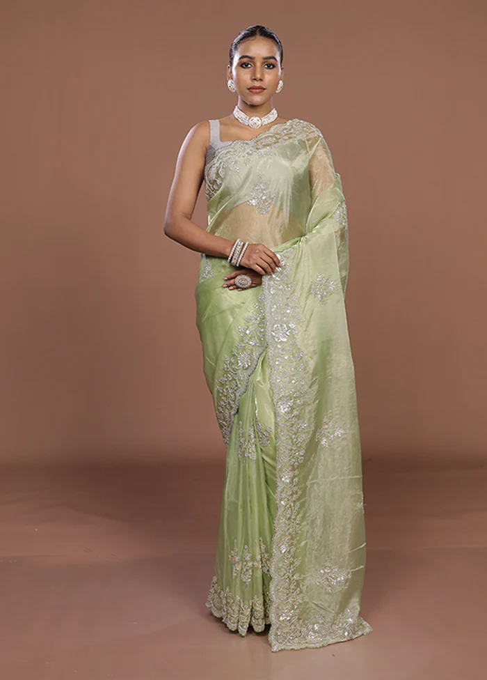 Green Tissue Silk Saree With Blouse Piece - Image 2