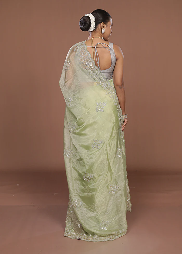 Green Tissue Silk Saree With Blouse Piece - Image 3