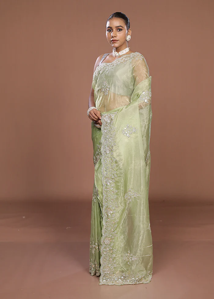 Green Tissue Silk Saree With Blouse Piece - Image 4