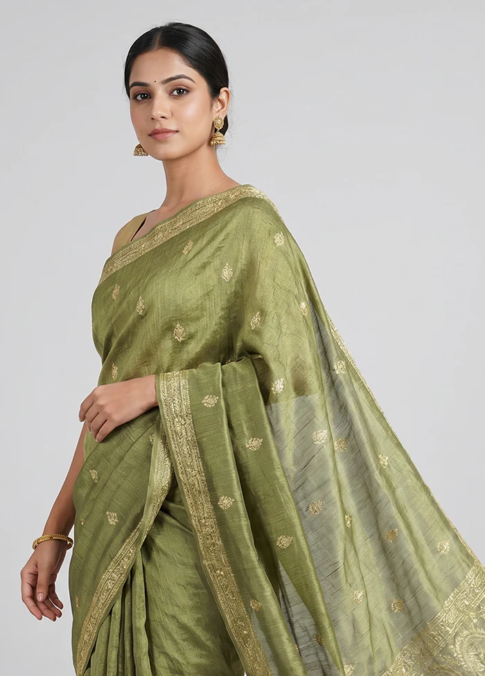 Green Tissue Silk Saree With Blouse Piece - Image 2