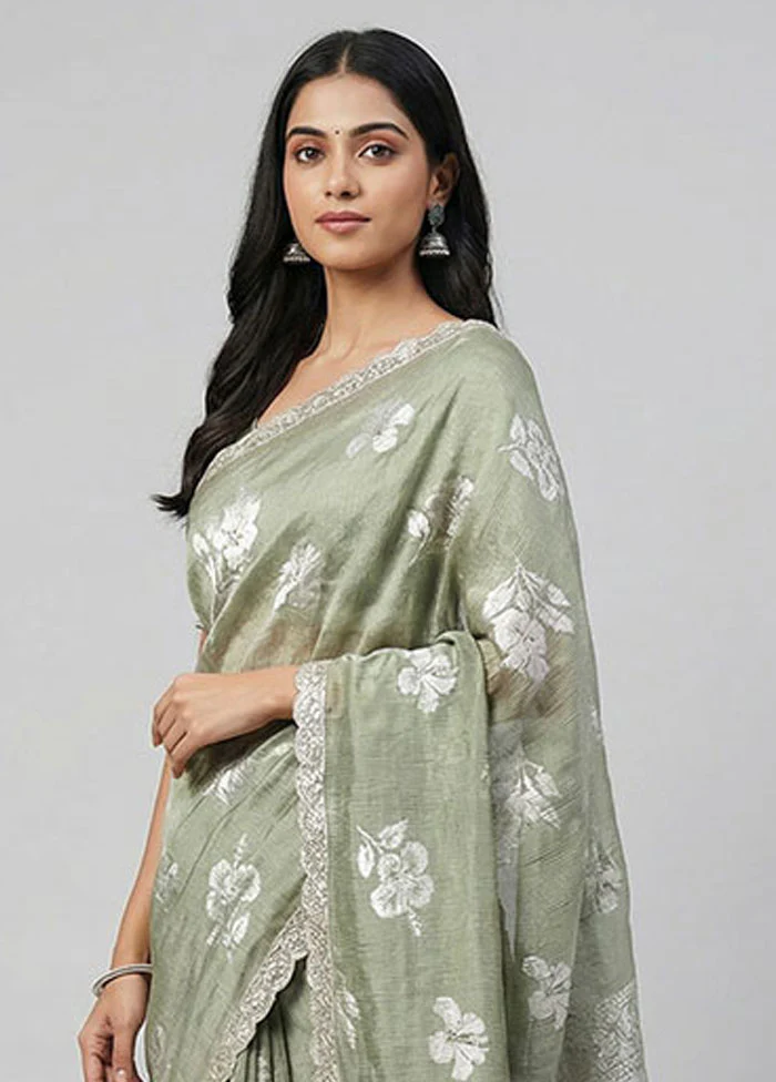 Green Tissue Silk Saree With Blouse Piece - Image 2